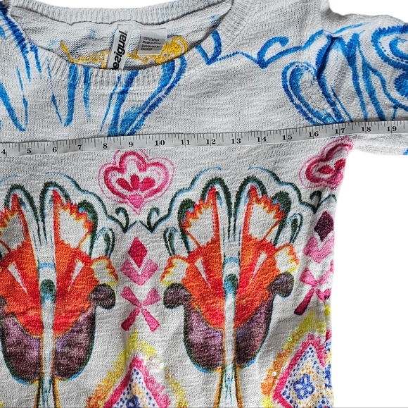 Desigual White Lightweight Cotton Sweater Colourful Florals Sequins Embroidery M - Picture 10 of 10